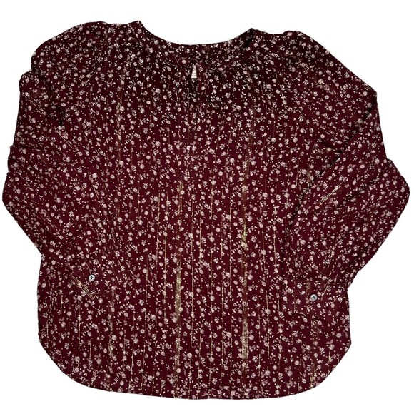 LOFT Dark Red Burgundy Floral Long Sleeve Shirt Cottagecore Gold Metallic Medium - Picture 1 of 12
